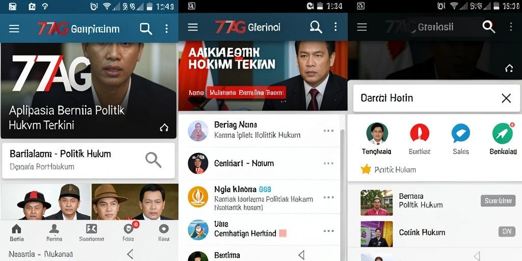 Antarmuka aplikasi 77AG menampilkan berita politik dan hukum terbaru.